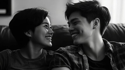 Couple sharing a joyful moment together, with bright smiles and engaged conversation.