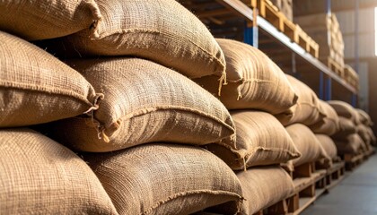 Stacks of burlap sacks stored in a warehouse.
