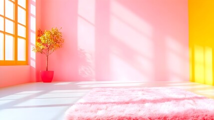 Sunlit room with pink walls, yellow accent wall, fluffy pink rug, and small potted tree near orange window