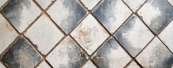 Abstract old aged worn retro vintage mosaic cement ceramic tile floor or wall texture background with sqaure diamond seamless pattern