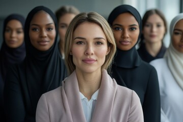 Diverse multiethnic group of business women make strong team powerful stare confident and successful