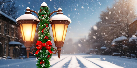 Illuminated Holiday Lamps Along Snowy Winter Pathway

