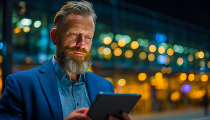Man with a beard using a tablet at night in a city with blurred bokeh lights