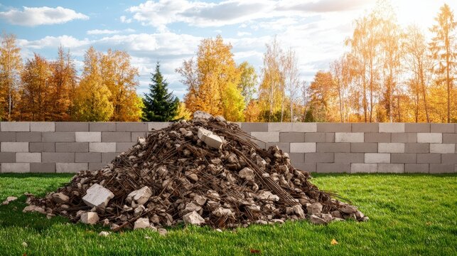Outdoor scene with a pile of rubble and broken rocks on green grass in front of a gray brick wall du autumn day - Powered by Adobe