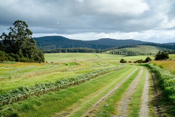 Sustainable agriculture practices in rural Tasmania showcasing lush landscapes and green fields, Sustainable agriculture in Tasmania Rural countryside landscape