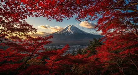 Gardinen Mount fuji japan autumn red leaves scenic landscape travel destination view © DWIJ