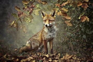 Fox portrait in autumn woodland scene