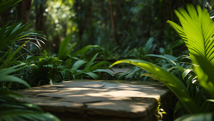Lush greenery and wooden platform in tropical forest environment with blurred background