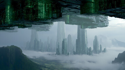 cinematic poster for interstellar saga | future nostalgia | epic curiosity | emerald tech green | three-point sci-fi perspective | alien landscapes | complex panel reflections | hyperreal rendering |