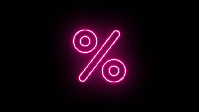 Neon percent sign, flickering emergence and fading. Glowing neon percentage icon, looped animation. Promo sale, shopping, percent tag, discount price, percentage rate. Red pink magenta colors