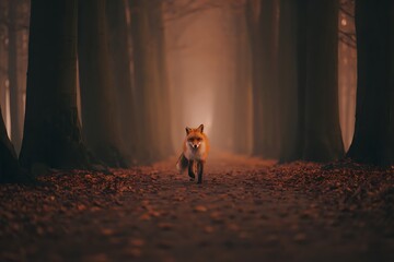 Fox walking down a misty autumn path