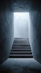 Minimalist concrete stairway leading to bright opening in a modern building