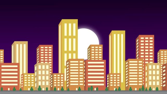 Parallax animation Landscape view City buildings, moving animation of city with skyscrapers at night