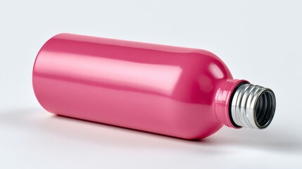 Pink bottle with a silver cap. The bottle is empty. The bottle is on a white background