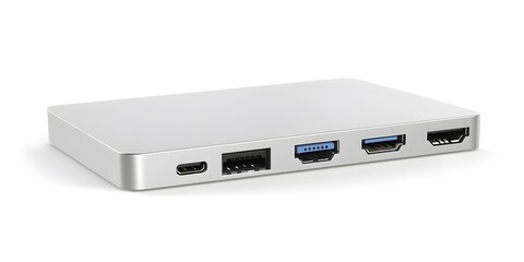 A silver electronic device with ports