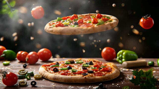 Two pizzas with vegetable and meat ingredients, one of which is floating in the air, surrounded by flying tomatoes, peppers and spices on a wooden surface with ingredients
