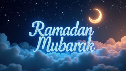 Fototapeta premium Ramadan Mubarak Wishes Under Moonlit Skies with Glowing Stars