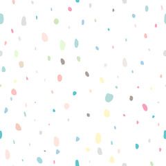 Scattered dots in various sizes. Seamless explosion background of confetti. Abstract random texture for wrapping paper, birthday party design, fabric, packaging, baby shower, kids textile. Vector