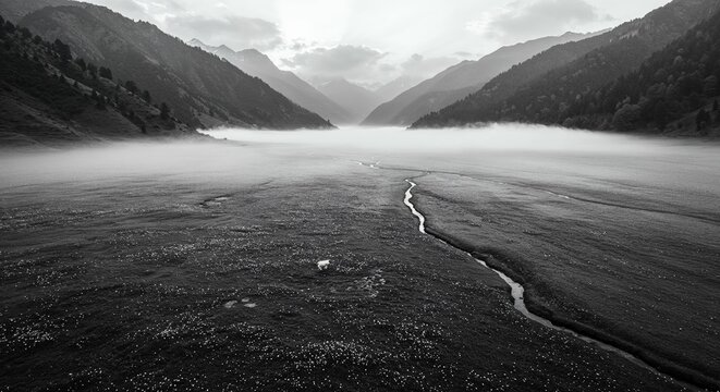 Black and white landscape mountain fog river nature scenic valley monochrome - Powered by Adobe