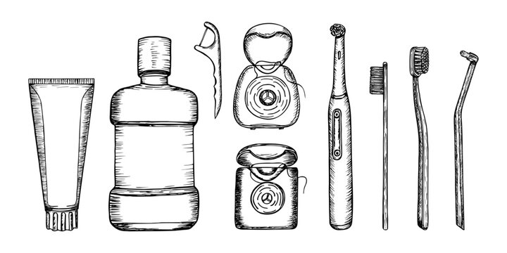 Oral care accessories collection for dental hygiene. Hand-drawn vector line sketch illustration. Toothpaste, toothbrush, floss, mouthwash. Outline engraving doodle clipart isolated on white background