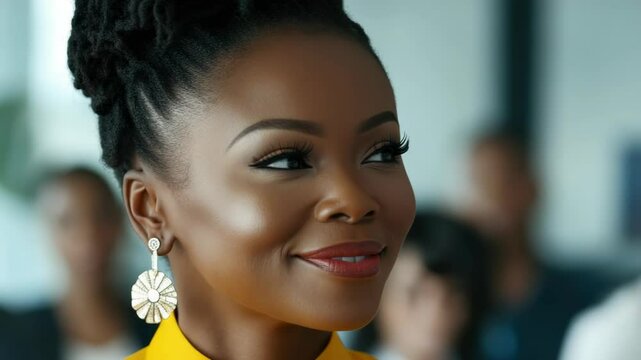 An assertive black female executive in a modern fashion trend, ready for corporate or social media.