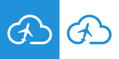 Logo Travel. Banner con silueta de avión de pasajeros en nube lineal © teracreonte