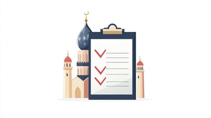 Obraz premium A checklist on a clipboard sits before a stylized mosque, implying a to-do list or preparation related to Islamic practices or events
