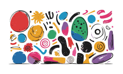 A colorful modern vector-style collection of abstract shapes, bold, dynamic shapes such as jagged bursts, starbursts, smoke clouds, and radial explosions. easily editable and scalable. 