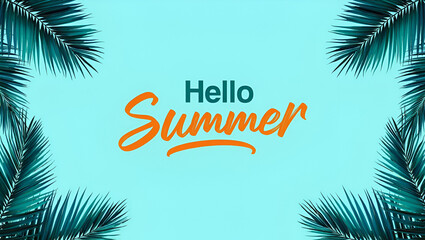 Obraz premium Hello Summer greeting card with abstract shapes and tropical leaves.