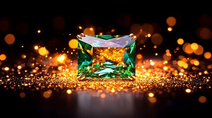 A radiant, emerald-green gemstone, square-cut, rests on golden glitter, surrounded by warm, bokeh-like lights against a black background, showcasing its brilliance and luxurious appeal