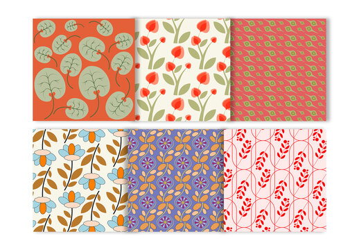 Seamless Botanical Pattern Set with Abstract Flowers and Leaves