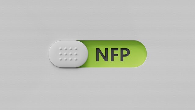 Word NFP. Wooden small slide switch with letters with copy space available.close up of slide switch,Business Concept.3D rendering on green background.
