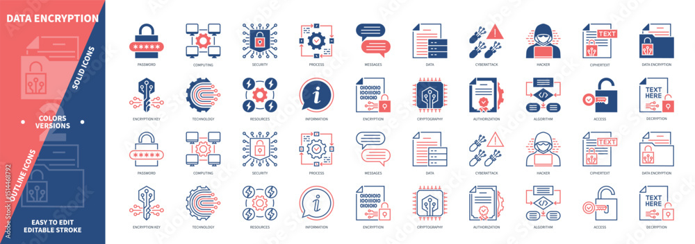 Poster data encryption icon set. encryption key, cryptography, security, algorithm, technology, information