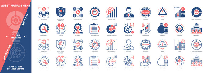 Asset Management icon set. Finance, Infrastructure, Enterprise, Intellectual Property, Maintenance, Governance, Investment, Manager. Duotone color solid and editable outline icons