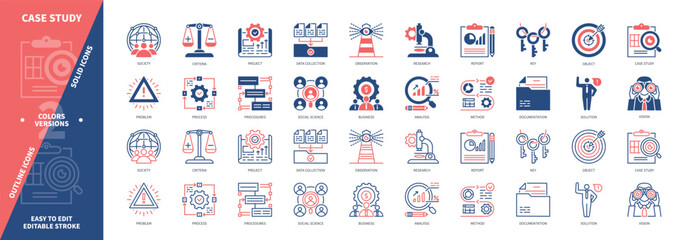 Case Study icon set. Social Science, Research, Criteria, Documentation, Process, Procedures, Observation, Problem. Duotone color solid and editable outline icons