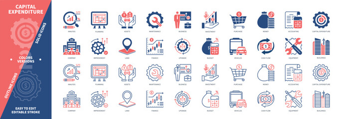Capital Expenditure icon set. Budget, Purchase, Maintenance, Improvement, Asset, Business, Finance, Investment. Duotone color solid and editable outline icons