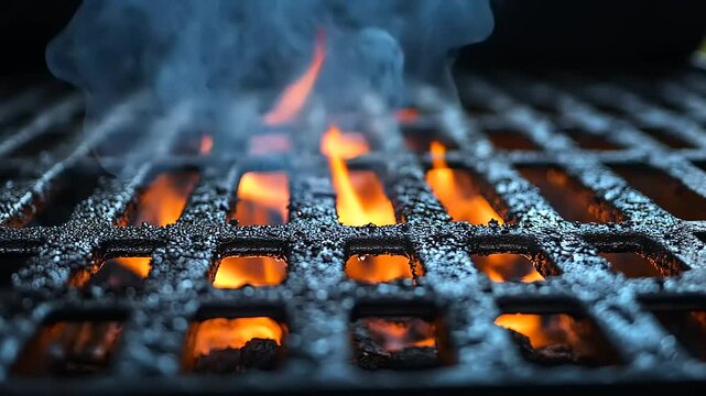 BBQ Grill Flames and Smoke: Close-Up View of Intense Heat and Cooking Process