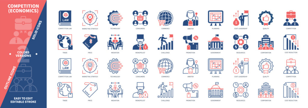 Competition (economics) icon set. Marketing Strategy, Competition Law, Cost Reduction, Resources, Buyers, Price, Trade, Goods. Duotone color solid and editable outline icons