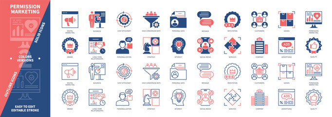 Permission Marketing icon set. Cost-Efficiency, Personalization, Social Media, High Conversion Rate, Customers, Advertising, Reputation, Goods, Services. Duotone color solid and editable outline icons
