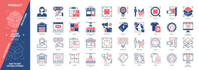 Product icon set. Delivery, Feedback, Pricing, Trends, Market, Manufacturing Lines, Customer Service, Quality. Duotone color solid icons