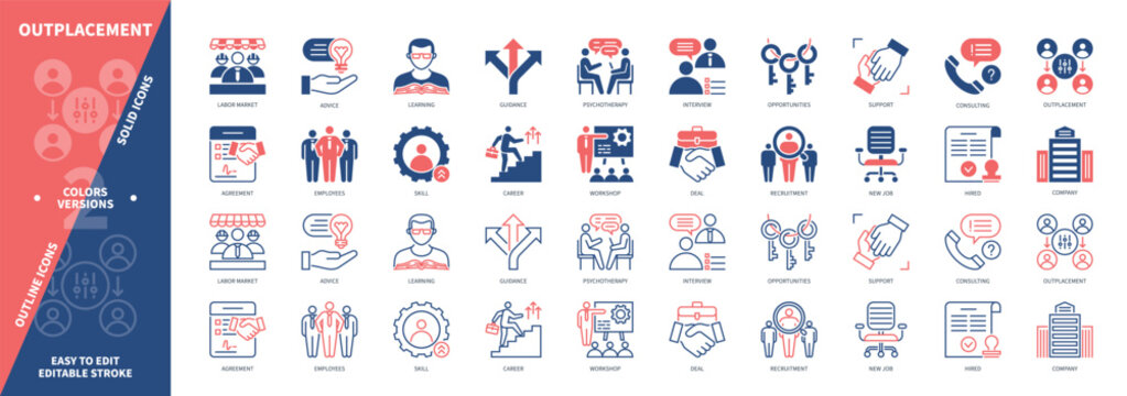 Outplacement icon set. Career, Guidance, Consulting, Advice, Recruitment, Workshop, Support, Skills. Duotone color solid and editable outline icons