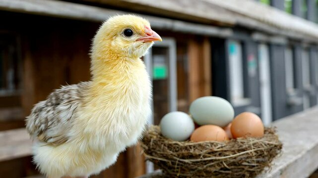 Baby chick stands next to a nest of eggs. The chick is small and cute, and the eggs are arranged in a neat row. Concept of warmth and nurturing