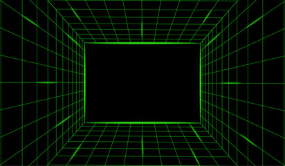 3d green neon wire frame grid room abstract perspective grid retro future concept.