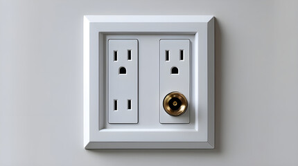 An AI-generated pristine and modern close-up depicts a white electrical wall plate featuring two standard power outlets