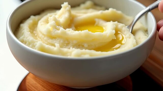 Creamy mashed potatoes in a white bowl, with melted butter pooling in the center and a silver utensil nearby. Comfort food perfection