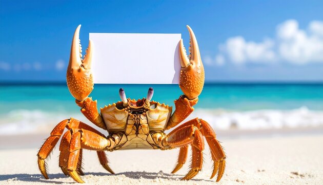 A crab on a beach holding a blank sign—perfect for adding your own message or caption
