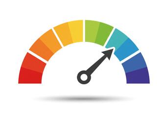 A speedometer with a black arrow pointing towards the blue section and a colorful background arc gauge