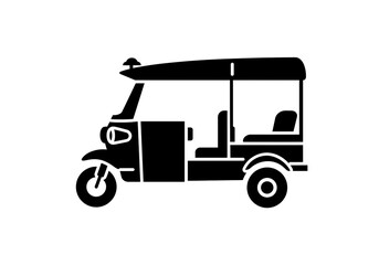 A black silhouette of a tuk tuk on a white background showing the vehicle's design and structure
