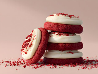 red velvet cookies stacked, frosted with cream cheese on top cookie.