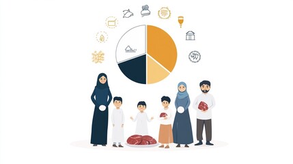 A Muslim family of five stands proudly before a pie chart illustrating diverse services, possibly representing financial security or community support, with meat suggesting provision or celebration